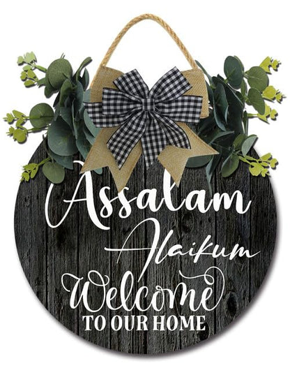 이슬람 벽 장식 Assalamu Alaikum Welcome To Home 표지판 27.9cm(11인치) 소박한 나무 현관 화환 행거 실내 실외 농가 가정 현관 창문 장식 - color: LW3, size: 11x11inch