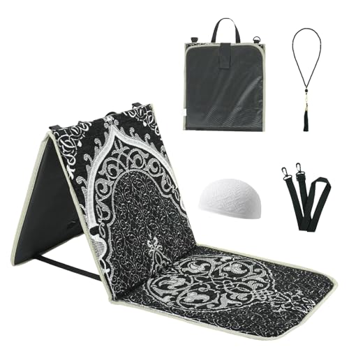 Qianliniuinc Portable Prayer Mat, Foldable Prayer Rug with Back Support, 36x78cm Islamic Prayer Mat, Includes Kufi Hat & 99 Beads Tasbih, Meditation Rug for Muslim, Ramadan Gift Set (Black) - color: Black