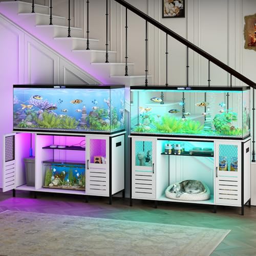BREEZEHEAT 75 Gallon Fish Tank Stand with Power Outlet, LED Light, 1250lbs Capacity, 55-75 Gallon Heavy Duty Metal Aquarium Stand with Cabinet, Terrarium stand Suitable for Turtle & Reptile Tank, White