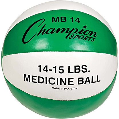 Champion Sports Leather Medicine Balls – Durable Weighted Balls for Strength, Core & Conditioning Training - style: Green (14-15 lbs)