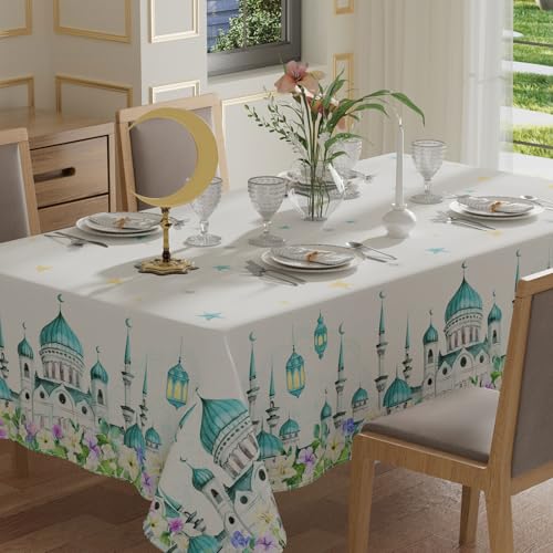 XCHI Castle Moons Stars Flowers Ramadan Mubarak Tablecloth Rectangle Table Cloth Table Covers for Indoor Dining Home Party Decorations 60x104 Inch - size: 104" x 60" (Rectangular)