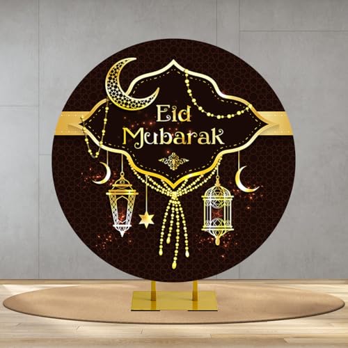 3x3ft Eid Mubarak Round Backdrop Cover Golden Crescent Luxury Gold Lanterns Glitter Eid Al-Adha Circle Background Islamic Muslim Festival Party Decor Portrait Photo Booth Studio Props - size: 3x3FT