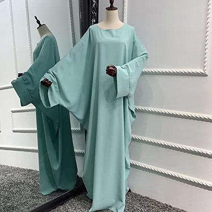 Muslim Dress for Women Pakistani Kaftan Abaya Robe + Hijab Arabic Islamic Prayer Clothes Dubai Outfits - color: Light Green Set