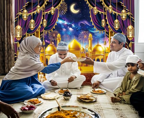 Eid Mubarak Backdrop Muslim Arabian Night Photography Background Lantern Curtain Moon Fireworks Castle Banner for Islamic Ramadan Kareem Party Decoration Supplies (8X6FT(94 x 70 inch)) - size: 8X6FT(94 x 70 inch)