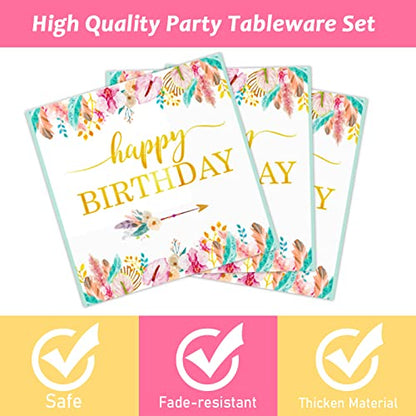 Tevxj 96 Pieces Happy Birthday Party Plates Napkins Boho Decorations Gold Metallic Tableware for Boys and Girls Happy Birthday Dessert Plates Napkins Forks for 24 Guests Party Supplies Favor - style: Boho Happy Birthday