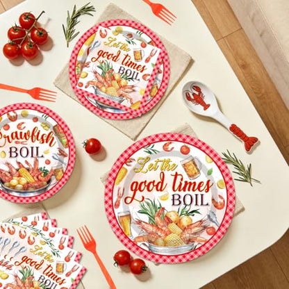 EUOYUFO 96Pcs Crawfish Boil Party Supplies Tableware Set Let The Good Times Boil Paper Plates Napkins Forks Lobster Seafood Boil Birthday Theme Party Supplies Serve 24 Guests - color: Crawfish Boil