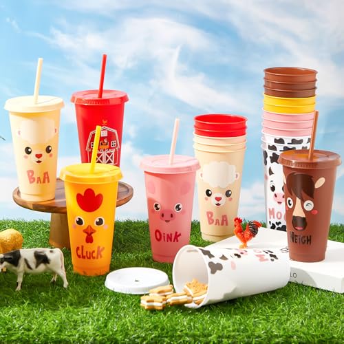 Chuangdi 12 Pcs Farm Animal Plastic Cups with Lid and Straw 24 oz Farm Animal Birthday Decorations Reusable Tumbler Cute Pig Sheep Chicken Horse Cow Cups Gift for Barnyard Party Supplies - style: Farm Animal