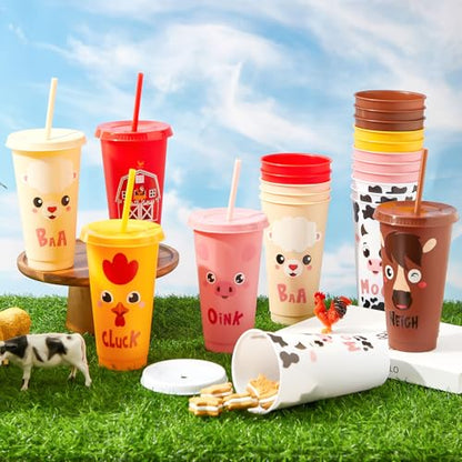 Chuangdi 12 Pcs Farm Animal Plastic Cups with Lid and Straw 24 oz Farm Animal Birthday Decorations Reusable Tumbler Cute Pig Sheep Chicken Horse Cow Cups Gift for Barnyard Party Supplies - style: Farm Animal