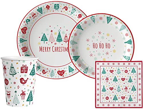 Classic Christmas Tableware Pack: Disposable Paper Plates, Napkins and Cups Set for 20 - color: Christmas Trees