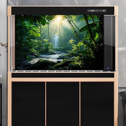 Jungle Aquarium Background Waterfall Lush Green Jungle Plants Terrarium Background Stream Big Rocks with Moss Fish Tank Background Natural Jungle Forest Landscape Aquarium Backdrop Vinyl 24x12in - color: Leaf Green, size: 24(W)x12(H)in