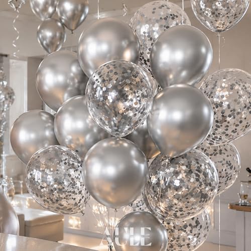 AULE Party Balloons Pack of 42 - Metallic Balloons & Confetti Balloons and 64ft Ribbons - 12 Inch Silver Balloons Decorations Set - color: Silver