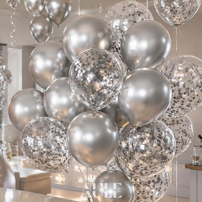 AULE Party Balloons Pack of 42 - Metallic Balloons & Confetti Balloons and 64ft Ribbons - 12 Inch Silver Balloons Decorations Set - color: Silver