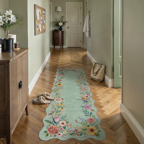 2x6 Floral Green Scalloped Runner Rug - color: Green, size: 2' x 6' (Scalloped)
