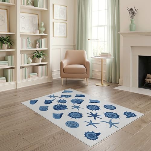 4'x6' Washable Flatwoven Rug, White Modern Starfish Easy Care Throw Carpet for Dorm Room, Small Living Room, Apartment, Stain Resistant Low Profile Floor Covering | Ref:1952585 - color: Blue/Pattern 50, size: 4' x 6' (Rectangular)