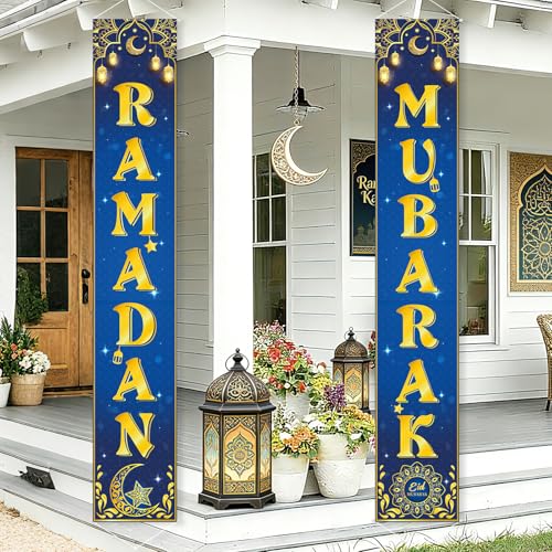 COCHIE Ramadan Mubarak Decorations Banner Set of 2, 12" x 71" Eid Mubarak Party Door Porch Sign Banner for Home Yard Lawn Front Door Decor, Muslim Kareem Parties Decoration Indoor Outdoor (Blue Gold)