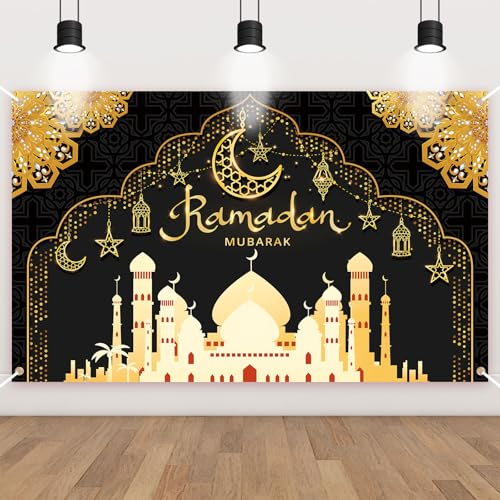 Ramadan Decorations for Home Black and Gold Eid Decorations Mubarak Backdrop Banner Ramadan Decor Hang Ramadan Mubarak Photography Banner Background Holiday Welcome Banner for Party Supplies