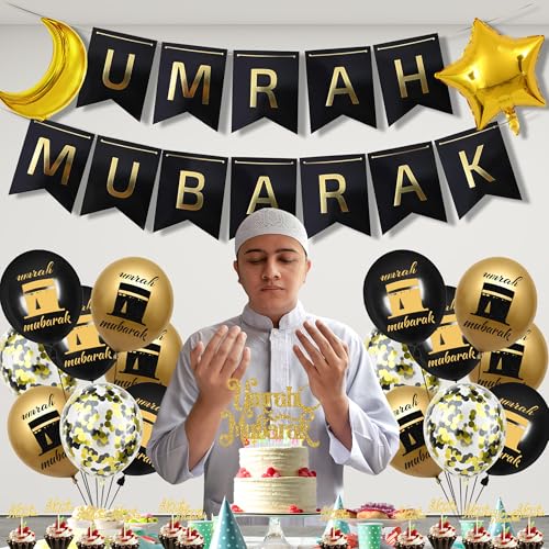 Umrah Mubarak Party Decoration Balloons - 33 Pcs Hajj Mubarak Black Gold Ramadan Eid Party Decorations Banners Star Moon Foil Balloon Cake Toppers for Happy Eid Muslim Islam Festival Decor Supplies