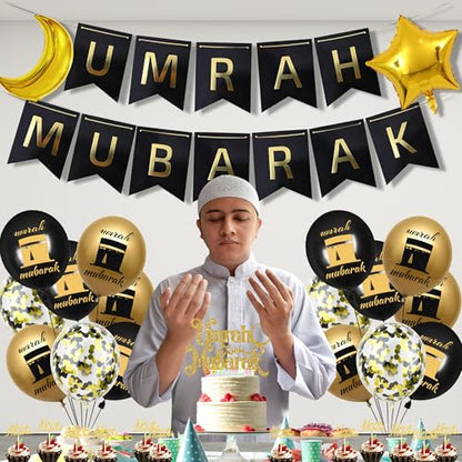 Umrah Mubarak Party Decoration Balloons - 33 Pcs Hajj Mubarak Black Gold Ramadan Eid Party Decorations Banners Star Moon Foil Balloon Cake Toppers for Happy Eid Muslim Islam Festival Decor Supplies