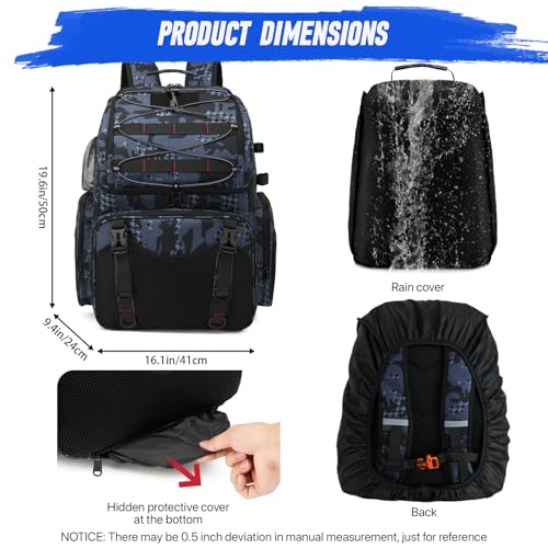 Fishing Backpack, 45L Large Cooler Fishing Tackle bag with Rod Holders & Rain Cover, Water-resistant Store Fishing Gear - color: Black Camo