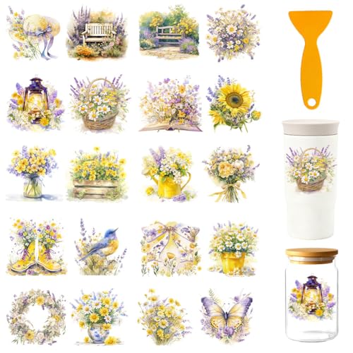 20 Pcs Spring Flowers UV DTF Cup Wraps for 16OZ Glass, 4.3 x 9.4 Inch Flower UV DTF Transfer Stickers Colorful Spring Elements Rub on Transfer Decals for Glass Bottle Vase Furniture Crafts - style: Spring Flower