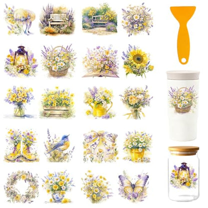 20 Pcs Spring Flowers UV DTF Cup Wraps for 16OZ Glass, 4.3 x 9.4 Inch Flower UV DTF Transfer Stickers Colorful Spring Elements Rub on Transfer Decals for Glass Bottle Vase Furniture Crafts - style: Spring Flower
