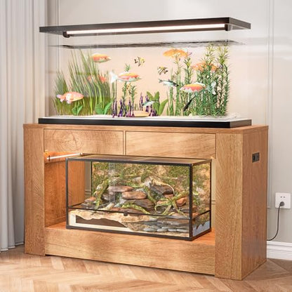48" Aquarium Stand for 55–75/90 Gallon Tank,Heavy Duty Fish Tank Stand up to 1000 LBS,Aquarium Stand with Power Outlet & LED Light,2-Tier Turtle Reptile Tank Stand with Storage,Natural