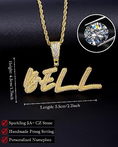 Lulu Mel Iced Out Personalized Cursive Name Necklace For Trendy Women, Custom Handmade Nameplate Pendant With Cuban Link Chain, White Gold Plated Hip Hop CZ Diamond Jewelry Gifts - color: Gold
