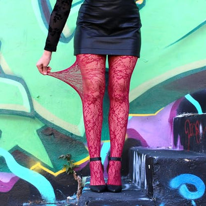 Millennials In Motion Sheer Elegance Patterned Tights - color: Burgundy Floral