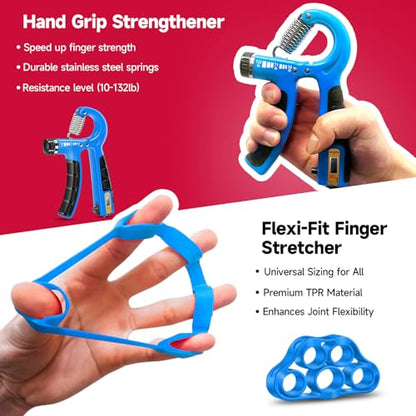 FitBeast Hand Grip Strengthener Workout Kit (5 Pack), 2 Forearm Grip Adjustable Resistance Hand Gripper, Finger Stretcher, Grip Ring & Stress Relief Grip Ball for Athletes - color: Sky Blue