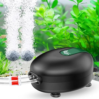 AQQA Aquarium Air Pump Whisper Oxygen Aerator Powerful Fish Tank Air Pump Dual Outlets Adjustable Airflow Bubblers with Air Stone Tubes Check Valves (8W for Up to 160Gal Tank) - size: 8W for Up to 160Gal Tank