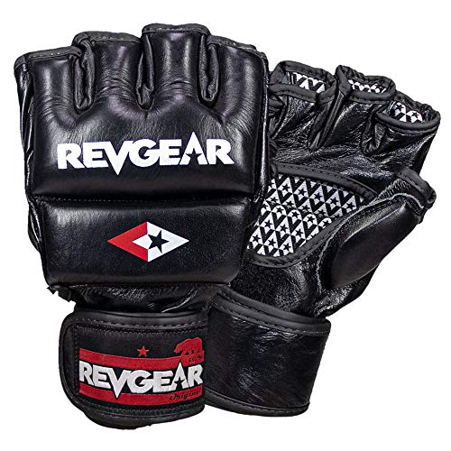 Revgear Pro Series Deluxe Leather MMA Glove | Gel Sparring Gloves | Double Padding | Extra Wrist Protection (Black, Small)