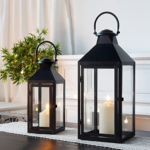 JHY DESIGN Set of 2 Black Decorative Lanterns 17.5inch&13.5inch Metal Candle Lanterns for Indoor Outdoor Events Paritie and Weddings Vintage Style Hanging Lantern - color: Black