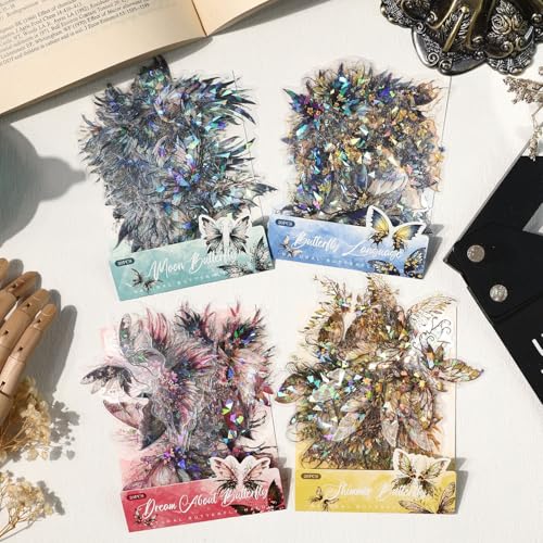 80-Piece Holographic Glitter Butterfly Art Stickers for Scrapbooking, Journaling, Resin Crafting – Waterproof Transparent Floral Fantasy Butterfly Decals - color: Glitter Butterfly