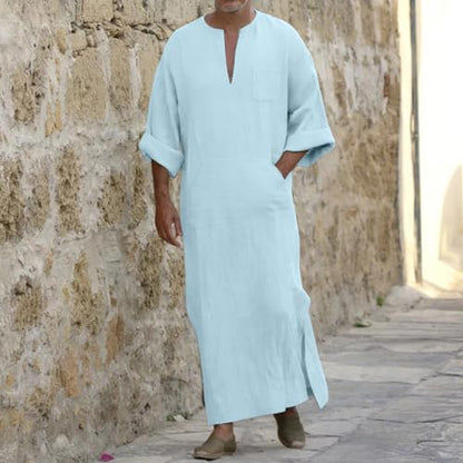 Mens Kurta Linen V Neck Long Sleeve Kaftan Casual Modern Everyday Thobes Soft Breathable Lightweight Kurta - color: 03#_light Blue, size: X-Large