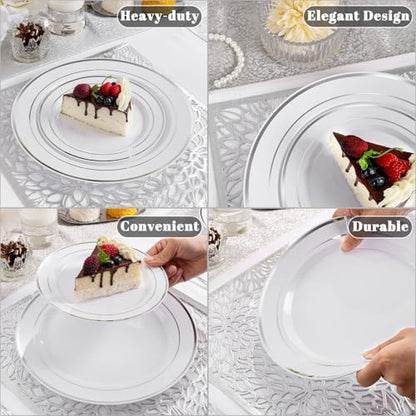 WDF Partyware 175PCS Sliver Plastic Plates - Silver Plates Disposable - White Plate with Silver Trim 25Guests Plastic Dinnerware Sets with Rolled Napkins for Wedding Baby Shower Spring Birthday - color: White and Silver, size: 175PCS