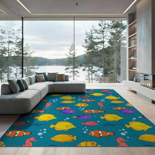 6'x9' Washable Beachy Fish Area Rug, Yellow Non-Shedding Pet Friendly Room Rug for Queen Size Bedroom, Under Bed, Master Suite, Foldable Easy Care Carpet | Ref:1886587 - color: Blue/Pattern 15, size: 6' x 9' (Rectangular)