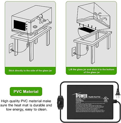 iPower 6 by 8-Inch 8 Watts Reptile Heating Mat with Temperature Controller Under Tank Warmer Terrarium Heat Pad for Reptiles and Amphibians, Black - size: 6" x 8", style: Heat Pad with Adjust Knob