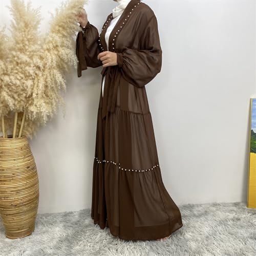 Abayas For Women Muslim Ramadan Long Sleeve Open Front Imitation Pearls Tiered Chiffon Dress Cardigan with Belt Dubai Kaftan - color: Coffee, size: Medium