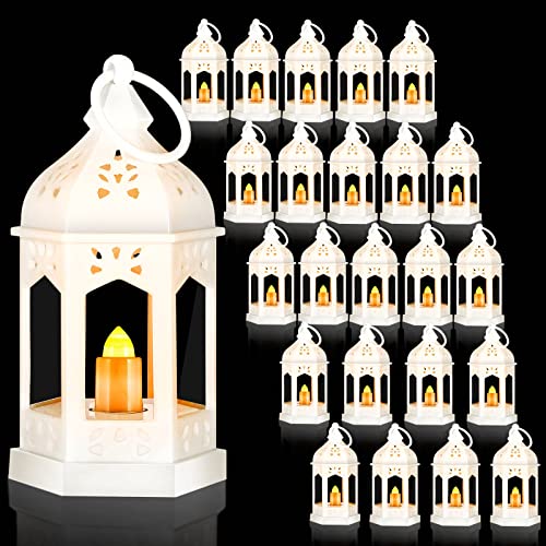 Hortsun 24 Pcs Mini Lantern Decorative with Flickering LED Candle Vintage Hanging Lanterns Battery Powered Light Wedding Diwali Halloween Christmas Centerpiece for Camping Garden Party Decor(White) - color: White
