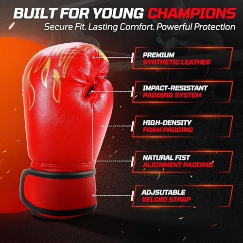 Flexzion Boxing Gloves for Kids 4oz – Training Punching Bag Mitts, Kid Boxing Gloves with Faux Leather & Wrap-Around Wrist Protection for Boys & Girls Ages 3-8 Years - color: Red Blaze