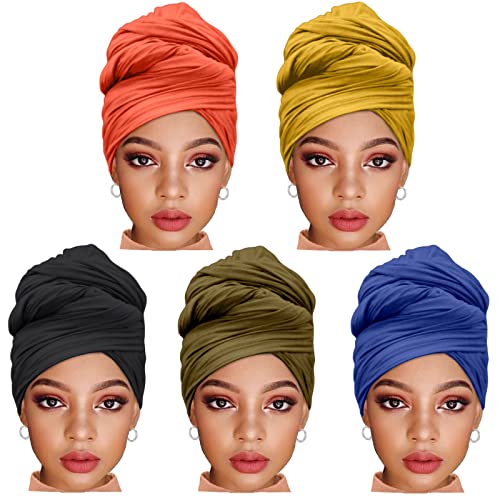 ZRQ 5 Pieces Solid Color Multicolor Combination Stretch Hijab Extra Long Head Scarf Jersey Turban Fashion Headband Soft Head Wraps for Women (Black,Denim Blue,Orange,Army Green,Turmeric) - color: Black,denim Blue,orange,army Green,turmeric