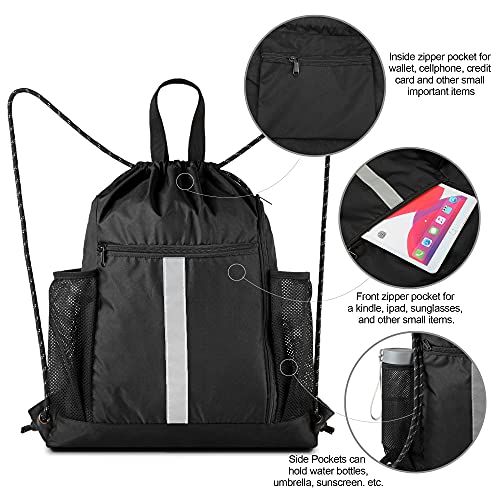 BeeGreen Drawstring Backpack Bag Sports Gym Backpack with Shoe Compartment and Two Water Bottle Holder for Men Women Large String Backpack Athletic Sackpack Workbag Black - color: Black, style: Drawstring With Shoe Compartment