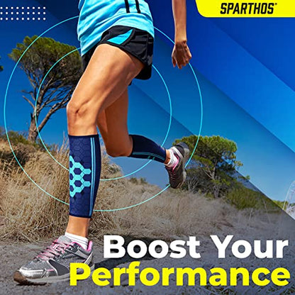 Sparthos Calf Compression Sleeves, Shin Splint Relief Men, Women - Blue-M | Leg Compression Sleeves (1 Pair), Varicose Veins, Pain & Cramp Recovery, Air Travel, Nurses, Maternity, Running, Soccer - color: Cobalt Blue
