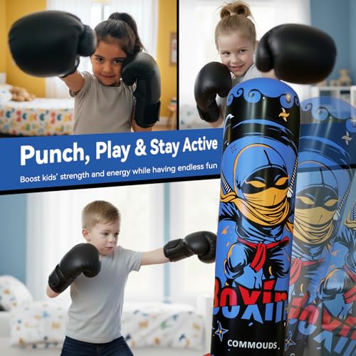 COMMOUDS 67inch Punching Bag for Kids, Inflatable Kids Boxing Set with Gloves, Fast Rebound Punching Bag for Practicing Karate, Taekwondo, MMA, Christmas/Birthday Gift for Boys Girls, Ages 6-14 - color: Blue