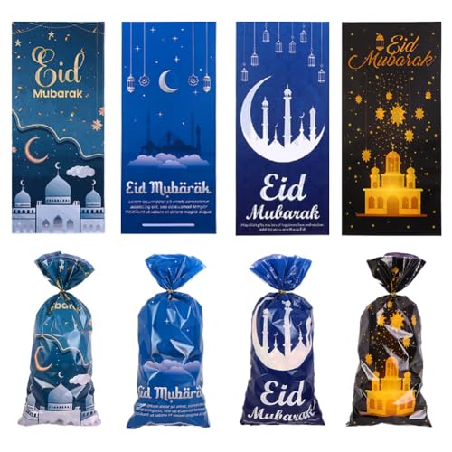 Boerni Eid Mubarak Cellophane Goodie Bags,100Pcs Castle Moon Star Pattern Treat Bags Ramadan Theme Candy Bags with Gold Twist Ties for Muslim Islamic Eid Iftar Diwali arty Favor Supplies, 4 Designs