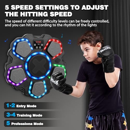 Music Boxing Machine Sport Toys for Kids and Adults,Wall Mounted Bluetooth Smart Punching Target,Training Pad Toy with Boxing Glove,Ideas Toys for Boys Girls Kids 3 4 5 6 7 8 9 10 11 12+ Years Old - color: Black L
