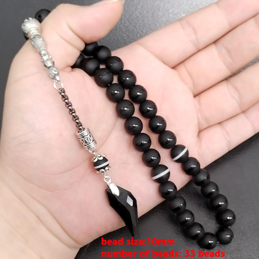 ALBASHAN Black Crystal Tasbih and agate tassel Muslim prayer beads 33 45 66 99 Misbaha rosary beads Islamic Eid ADHA gift - size: 10mm x 45beads