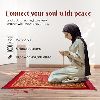 Muslim Prayer Rug, Soft Plush Thin Islamic Prayer Mat, Janamaz, Sajada, Praying Carpet, Islamic Gift for Men & Women, Islamic Mat, Bordeaux, Eid & Ramadan Gift with Prayer Beads, 26x43 inch - color: Bordeaux-pilgrim