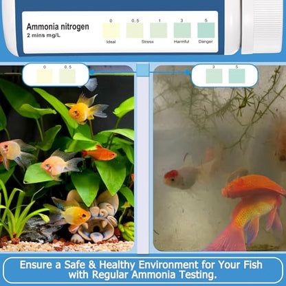 Ammonia Test Strips for Fish Tank: 100 Count Aquarium Ammonia Test Strips for Saltwater & Freshwater Aquariums & Ponds – Ammonia Test Kit with Test Tube Thermometer Stick - size: 1 in 1 - 100 Count