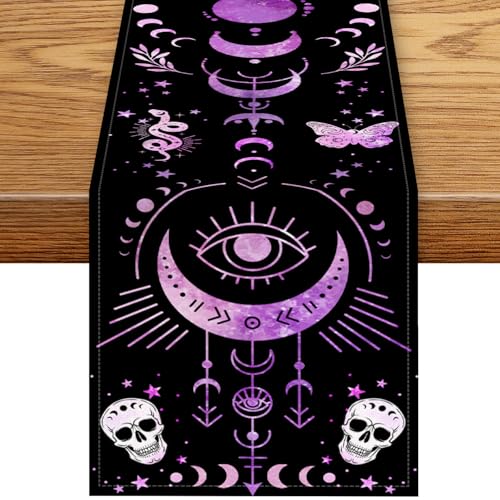 Sun Moon Table Runner, Gothic Skull Tarot Moon Phase Magical Witchy Mystical Astrology Boho Purple Coffee Table Center Decor for Family Kitchen Outdoor Holiday Party Table Decorations, 13"x36" - color: Sun Moon-2, size: 13“ X 36"
